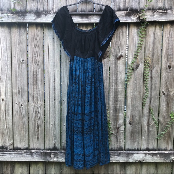 Free People Maxi Dress Flutter Sleeve Blue Black Floral Elephants - Picture 3 of 16
